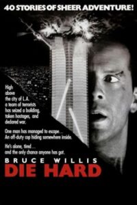 Portada de la película Die Hard. La azotea de un rascacielos explota. Un hombre con un arañazo en la ceja mira hacia la izquierda con gesto de asombro.